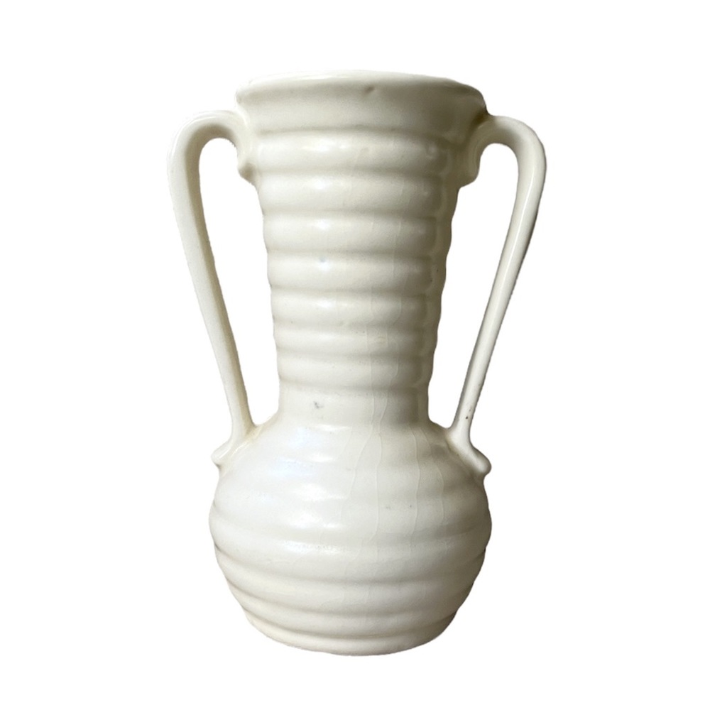 Vintage Ivory White Glazed Ringware Vase, Small, Made in USA